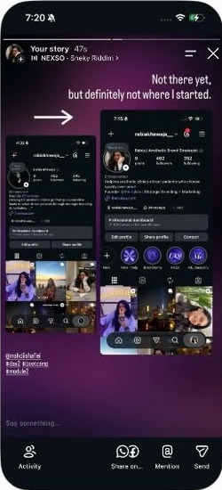 A member's story showing their rebuilt Instagram profile: “Not there yet, but definitely not where I started.”