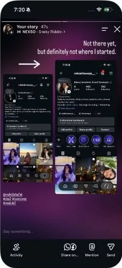 A member's story showing their rebuilt Instagram profile: “Not there yet, but definitely not where I started.”