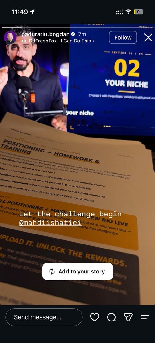 A member’s positioning worksheet from the training, captioned “Let the challenge begin.”