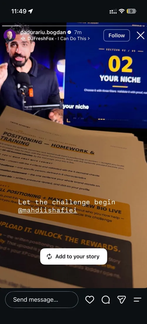 A member’s positioning worksheet from the training, captioned “Let the challenge begin.”