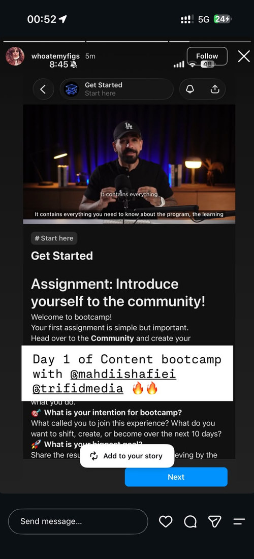 A member sharing day 1’s assignment — introducing themselves to the community.