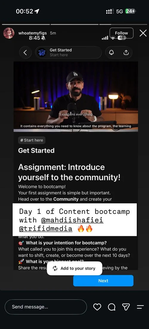 A member sharing day 1’s assignment — introducing themselves to the community.